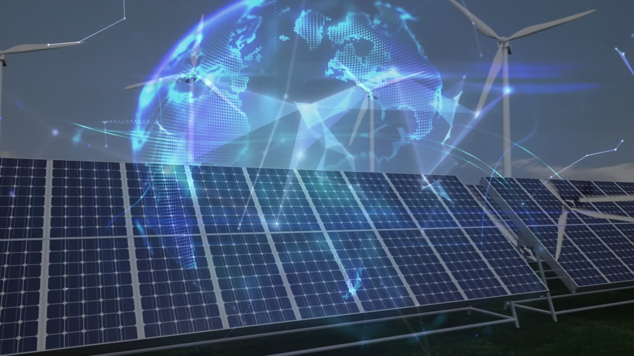 анимация глобуса плексусных сетей над вращающимися ветряными мельницами и солнечными панелями на фоне голубого неба