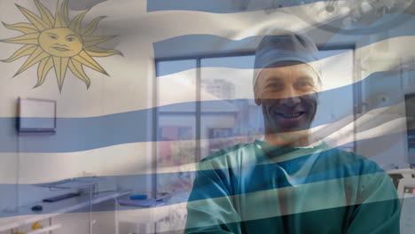 animation of flag of uruguai waving over surgeon in operating theatre