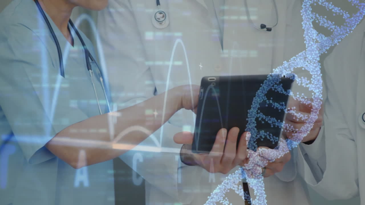 Doctors using tablet with DNA strand and data processing animation overlay