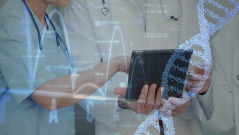 doctors using tablet with dna strand and data processing animation overlay