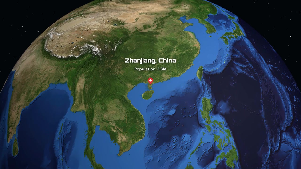 Rotación animada de la Tierra con zoom a Zhanjiang, China