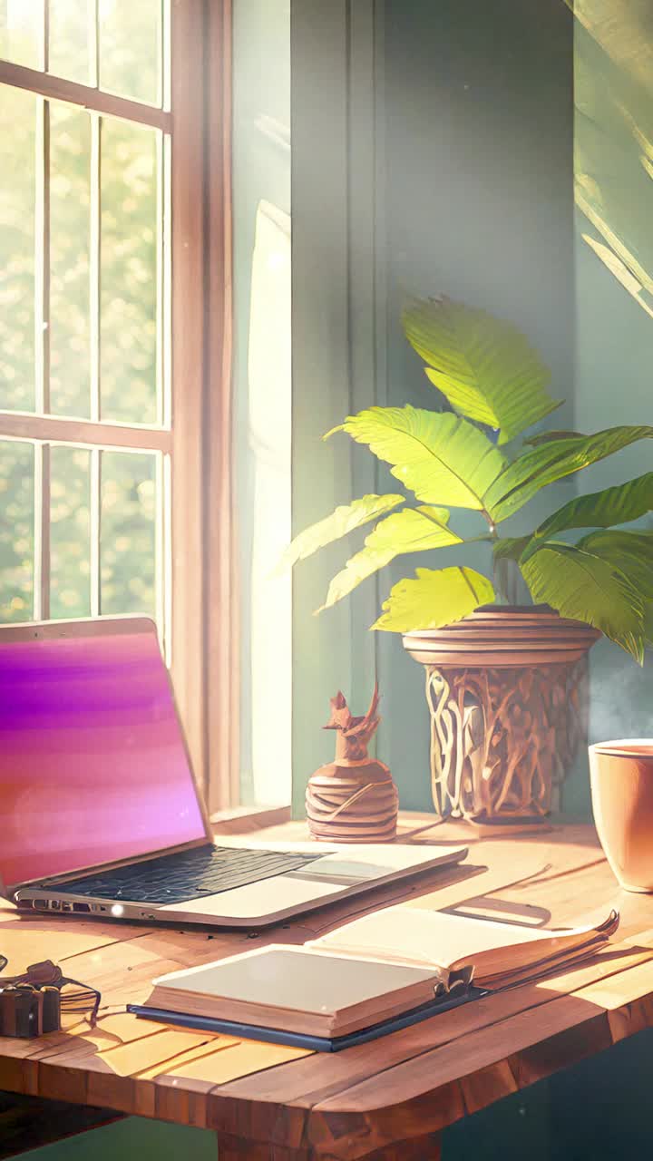 Sunny Desk Setup with Laptop, Book, and Plant by Window