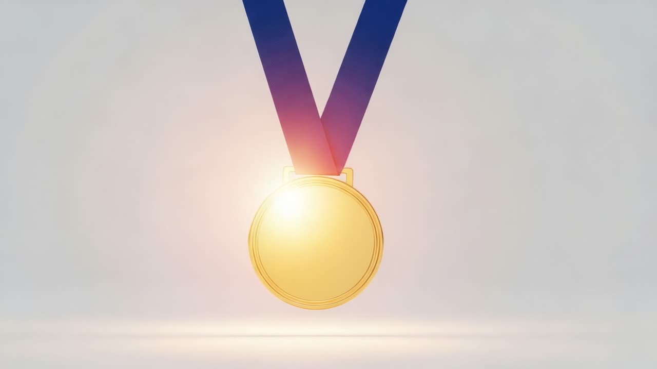 Shining Golden Medal Representing Victory and Achievement, Suspended by a Blue Ribbon, Symbolizing Success and Recognition in a Bright Atmosphere