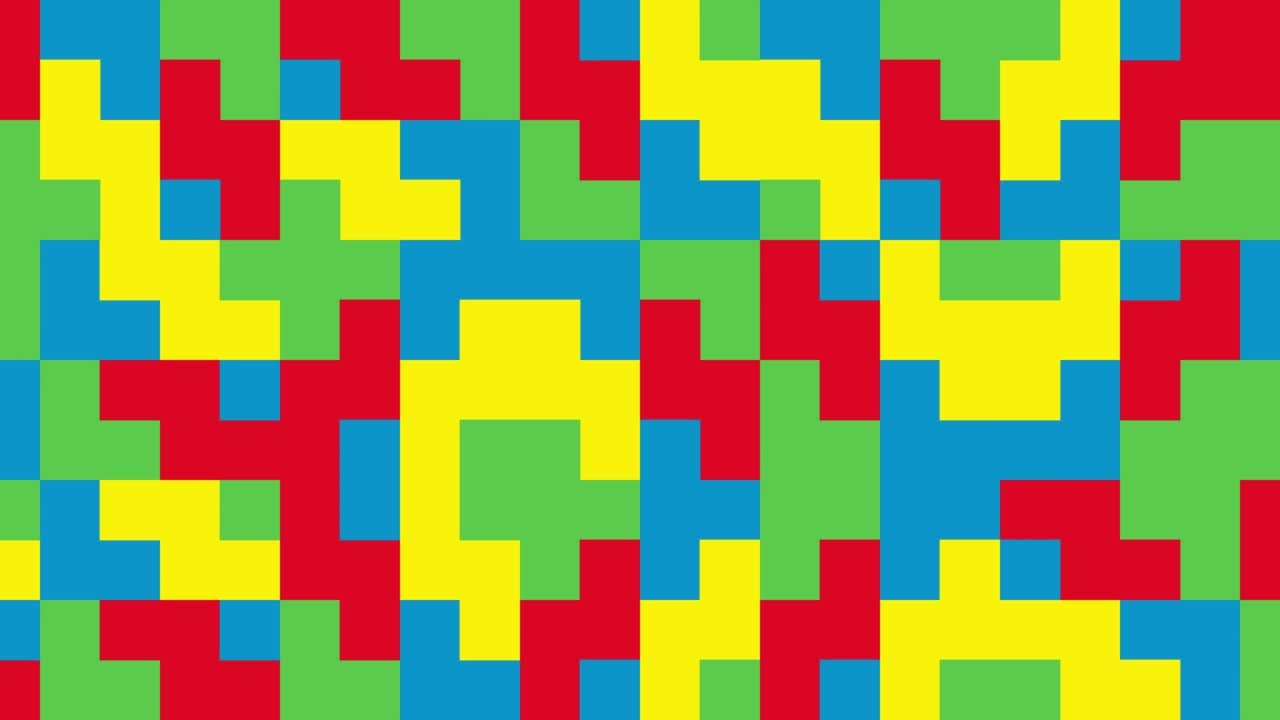 bucle sin costuras formas multicolores abstractas en mosaico dinámico mínimo. azulejos animados en colores primarios en patrón geométrico. fondo gráfico en movimiento en un diseño plano