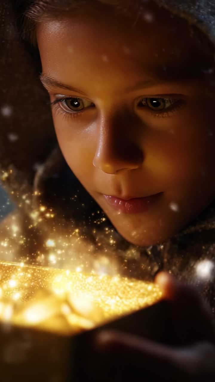 A Captivated Child's Enchantment: Unraveling the Magic of Discovery as a Young Boy Gazes in Awe at a Glowing Box, Surrounded by Sparkling Light and Wonder on a Magical Night