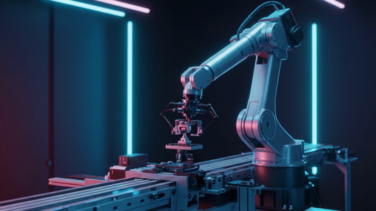 A Cutting-Edge Robotic Arm Operates in a Futuristic Environment: Showcasing Precision Technology with Striking Neon Accents and Advanced Engineering Potential
