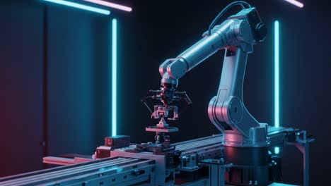 a cutting-edge robotic arm operates in a futuristic environment: showcasing precision technology with striking neon accents and advanced engineering potential