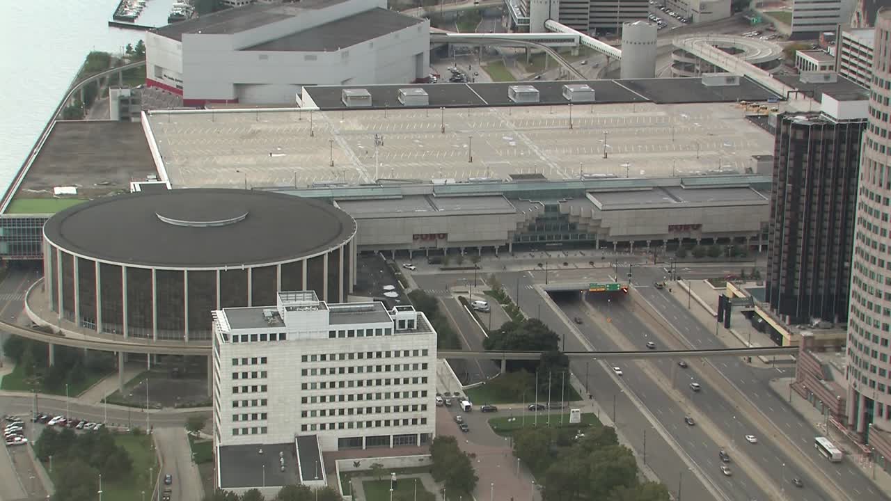 미국 미시간 주 코보 센터가 있는 디트로이트의 공중 전망