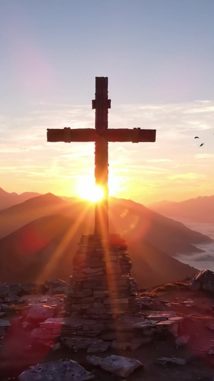 Silhouette all'alba di una croce di legno su una cima di montagna, circondata da un paesaggio maestoso, che cattura la bellezza della natura e la tranquillità all'alba.