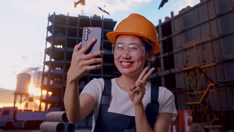 close up of asian woman worker wearing goggles and safety helmet using smartphone taking picture while standing at construction site