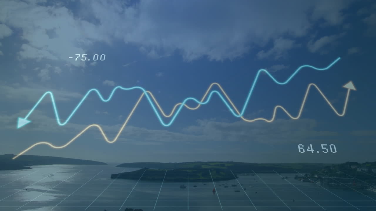 Digital data visualization animating glowing blue dip and yellow rise lines over coastal grid