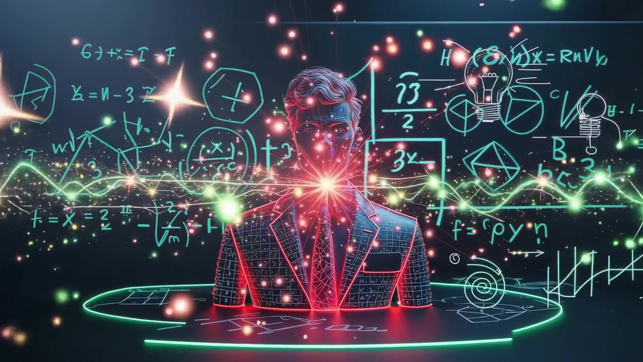 Busto olografico in abito che appare e brilla nel vuoto, con equazioni che si spostano e scintille alla deriva che convergono.