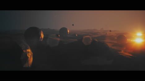 alien planet desert landscape during sunset with strange sphere-shaped buildings