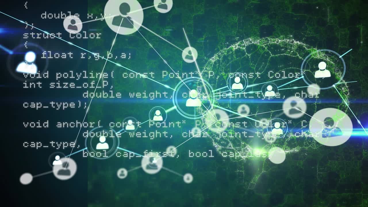 Animation of network of connections with data processing and human brain