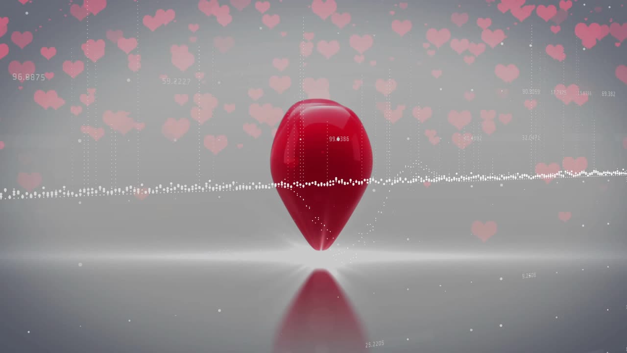 Glossy red 3D heart floating on plane, waveform pulsing, arrow striking it, fragments scattering