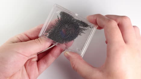 hands manipulate magnets and iron filings in a clear box, illustrating magnetic attraction and repulsion