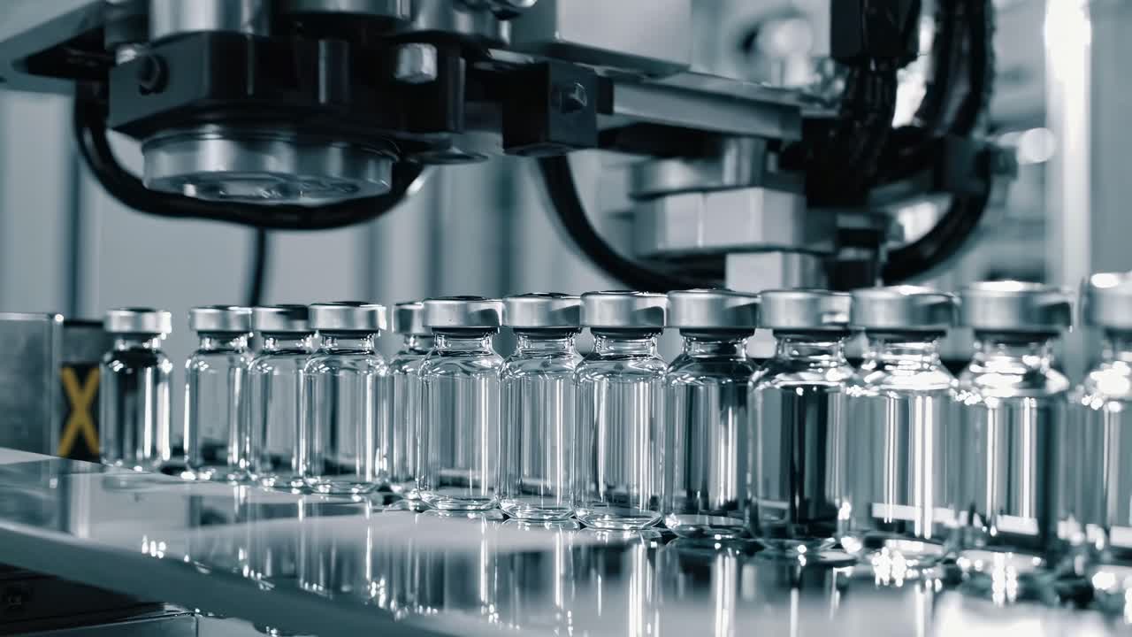 A close-up, low-angle video of a production line with glass vials, showcasing industrial precision