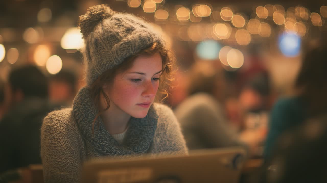 A young woman in a cozy sweater and knitted hat focuses intently on her laptop, surrounded by a warm, softly lit atmosphere filled with bokeh lights