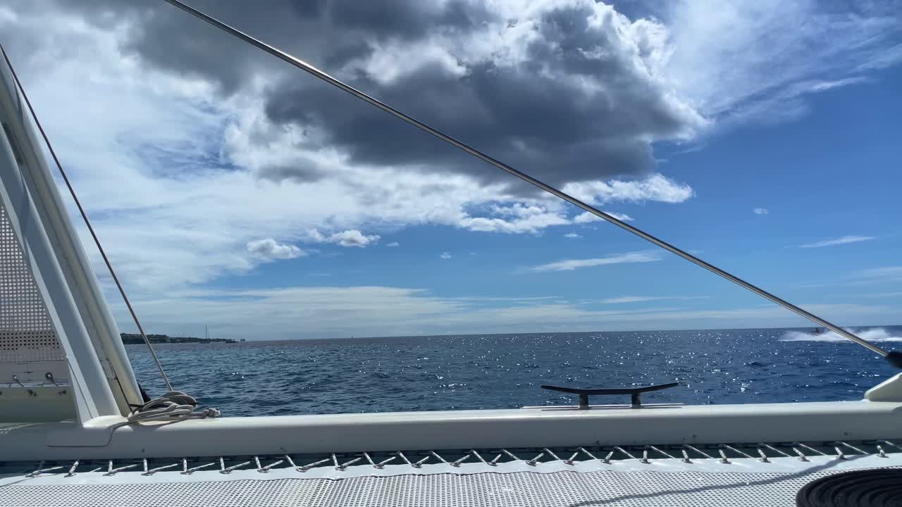 Ocean and Horizon over the front of catamaran in Barbados 4K UHD