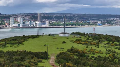 aerial view, mirador on tengo island, puerto montt, los lagos, chile, drone shot