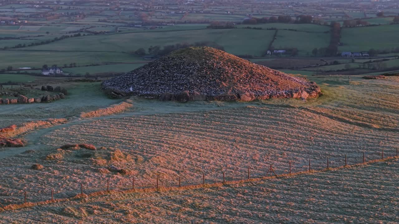 Loughcrew Cairns Tomb At Sunrise In Oldcastle, County Meath, Ireland. - aerial shot