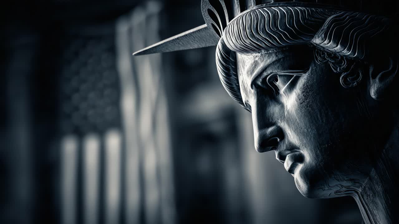 A Close-Up Perspective of the Iconic Liberty Statue, Capturing the Details and Symbolism of Freedom Against the Backdrop of the American Flag
