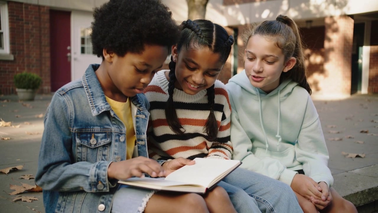 Opening left child turning pages, sharing hardcover book with two pals at school, casual clothes