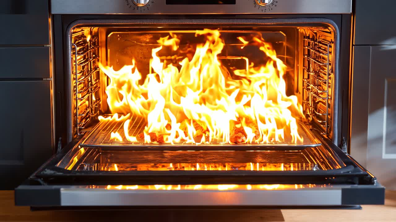 огонь горит в духовке на кухне