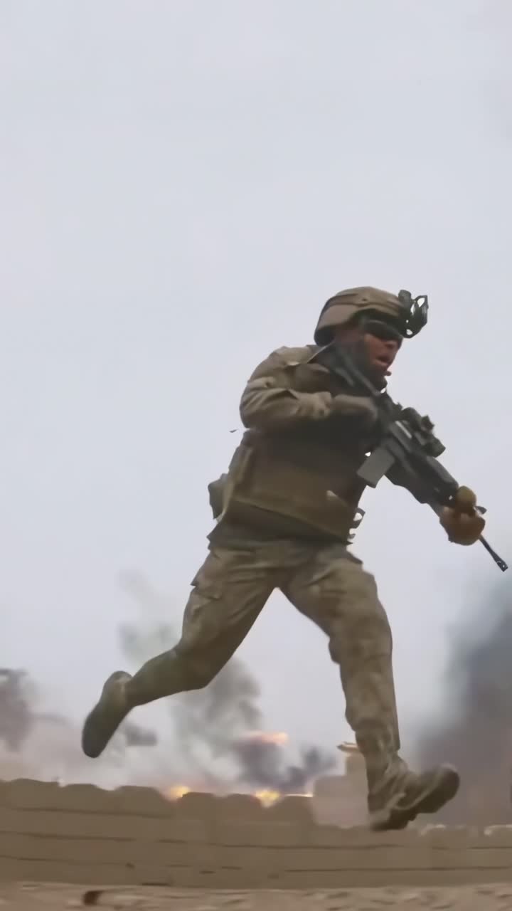 Dynamic low-angle video shot of soldiers running in formation on a dusty battlefield