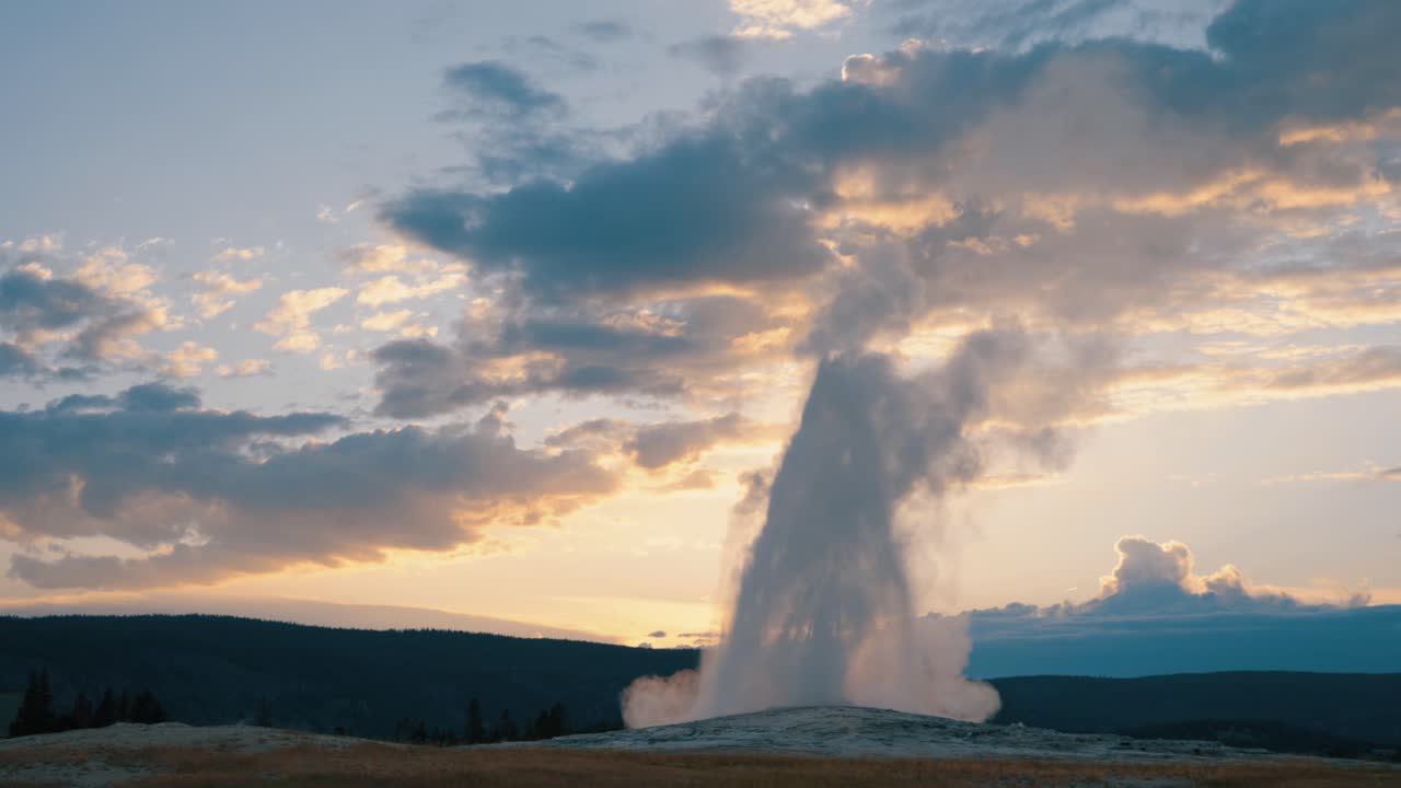 Old Faithful geyser in Yellowstone erupting at sunset