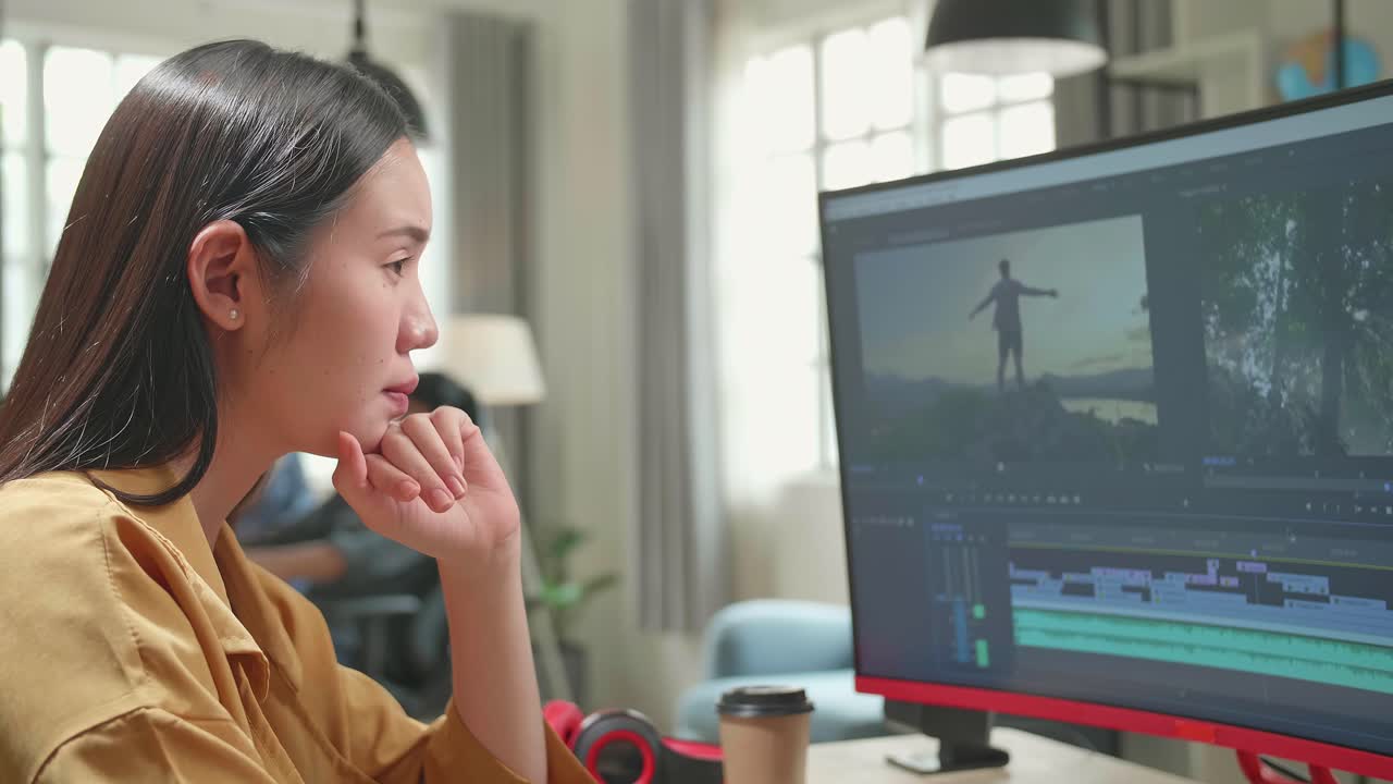 Asian Female Video Editor Thinking While Works With Footage And Sound On Her Personal Computer In Office
