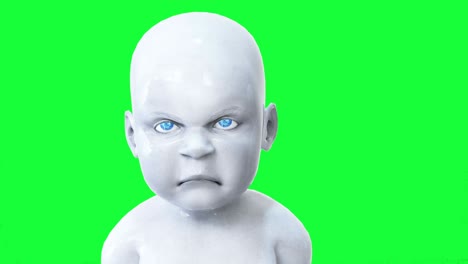 evil speaking robot baby, children. green screen realistic animation.