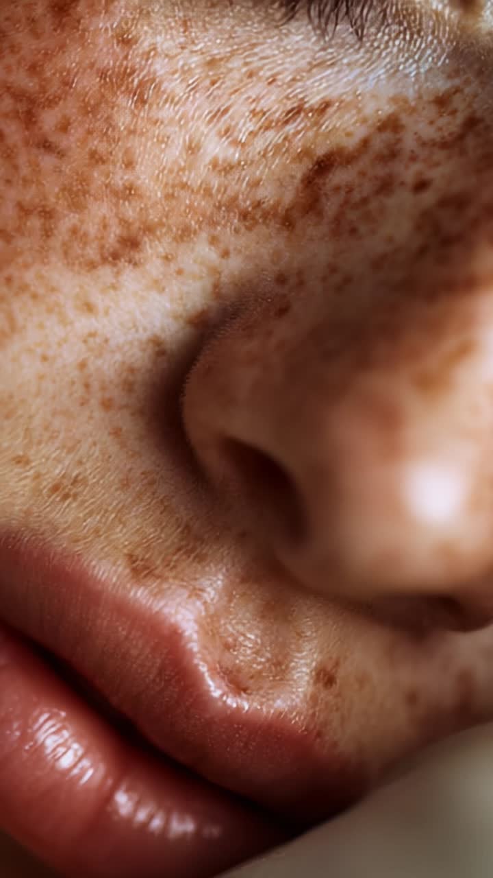 Primo piano di un volto lentigginoso che mette in risalto la bellezza naturale e la texture della pelle, con messa a fuoco su labbra e naso in condizioni di illuminazione soffusa