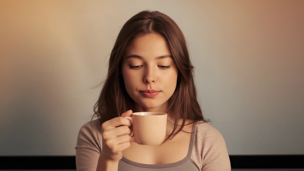 Mujer con la mirada fija mientras se lleva una taza color melocotón a la boca en una habitación cálida, sorbiendo e inspeccionando la bebida.