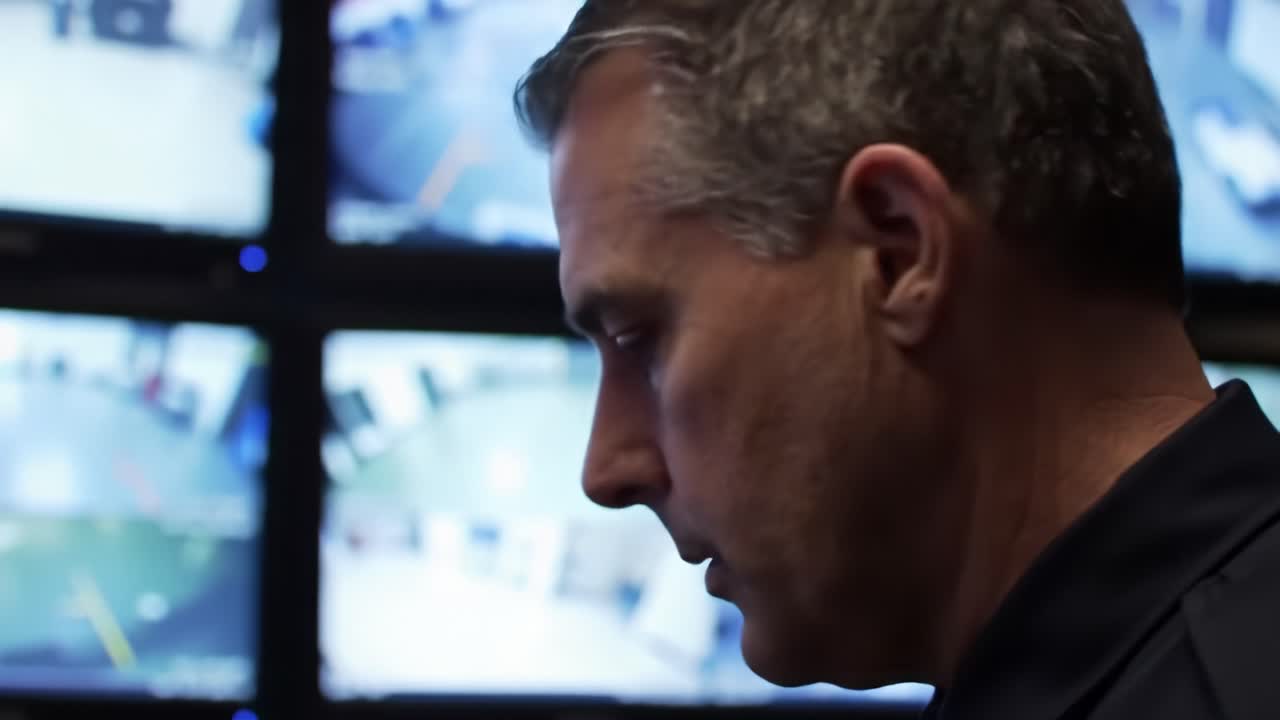 A security officer closely observes multiple surveillance screens in a control room at night, ensuring safety and monitoring activities in an urban environment. Focus and alertness are key.