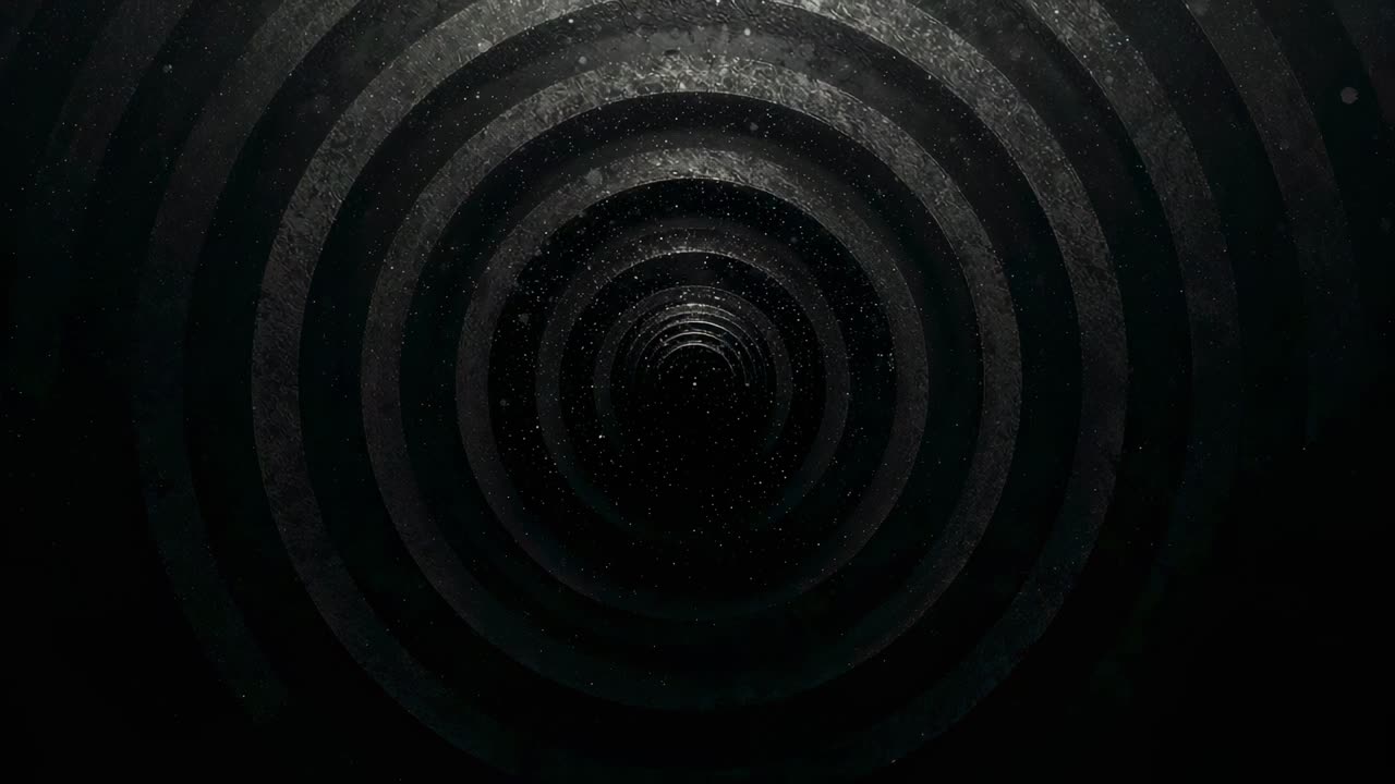 Motion starting, concentric ring tunnel moving in showing center void in ridged tunnel, with dust