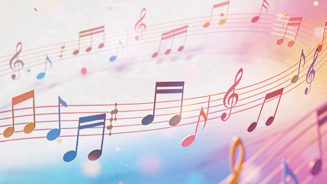 パステルグラデーションを背景に、湾曲した五線譜に沿って現れる音符が動き、流れるようなイメージを喚起する。