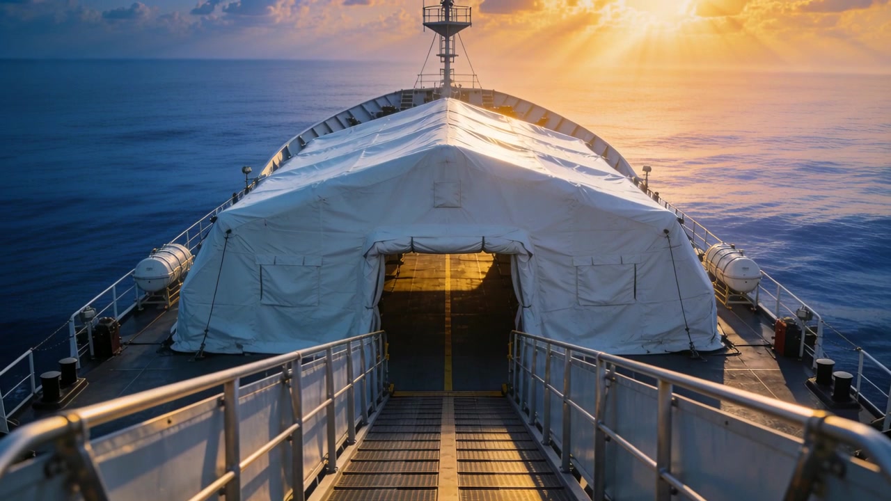 Kamera fährt vor zu Segeltuchzelt und Metallsteg am Bug, Sonnenaufgang erhellt Meeresreflexionen.