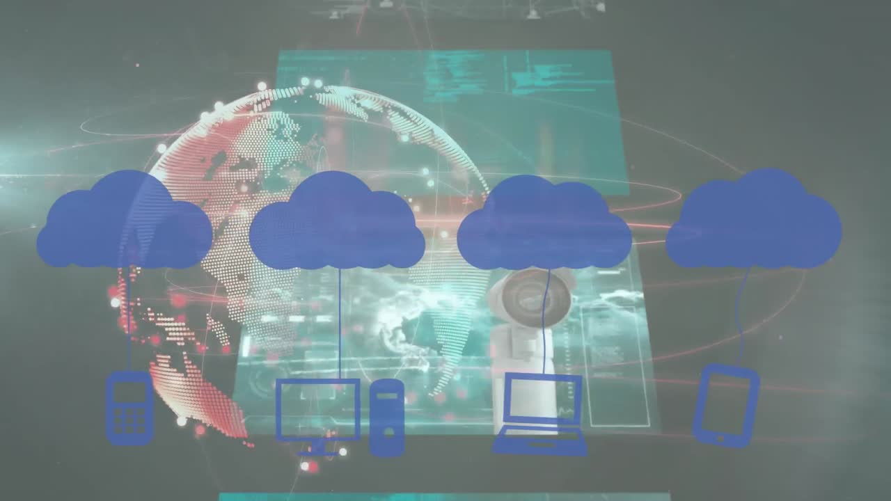 animación de reloj moviéndose rápidamente sobre el globo, nubes digitales y red de conexiones