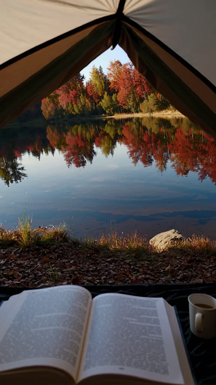 A serene lakeside view from inside a tent, showcasing autumn trees reflected in the water