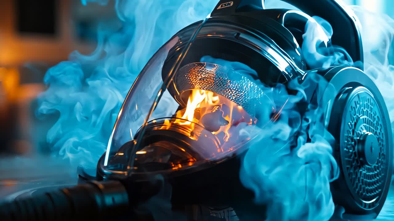 테이블 위에서 연기가 나오는 진공청소기