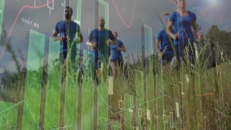 animation of data processing over group of men and women running