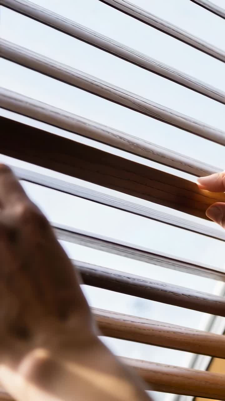 Close-up of Hand Adjusting Wooden Window Blinds