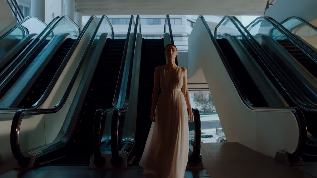 Elegant woman in a flowing dress standing amidst escalators in a modern building