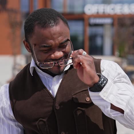 Portrait of a smiling african american man. Cheerful black guy looking at camera and putting on his glasses on urban background