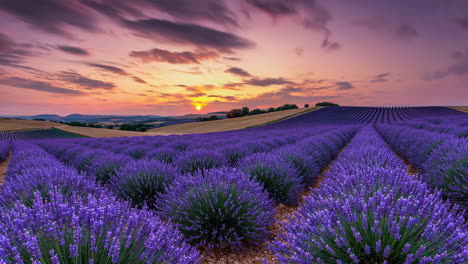 vast lavender field under a dramatic sunset sky