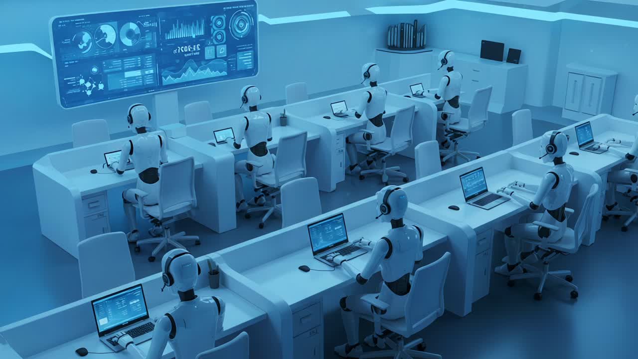 A futuristic workspace featuring robotic assistants engaged in data analysis, highlighting the integration of technology and artificial intelligence in modern office environments
