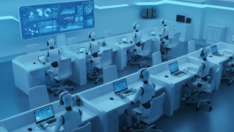 a futuristic workspace featuring robotic assistants engaged in data analysis, highlighting the integration of technology and artificial intelligence in modern office environments