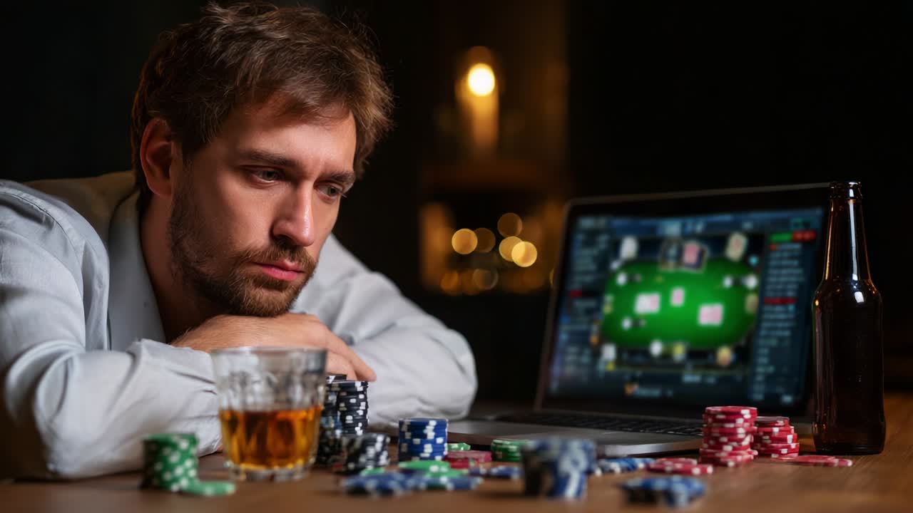 A Pensive Player Contemplates Strategy in Online Poker, Surrounded by Stacks of Chips, Glasses of Whiskey, and the Glow of a Laptop Displaying Virtual Cards and Tables During an Intense Gaming Session