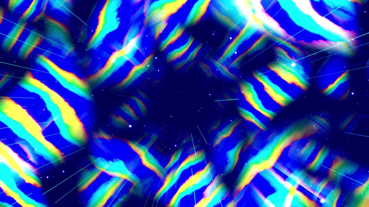 movimiento gráfico, cámara volar en el espacio de arte, estructura multicapa con patrón, partículas de brillo y líneas. textura ornamental color gradiente arco iris. diseño de movimiento vj bucle. abstracto colorido bg. arte moderno
